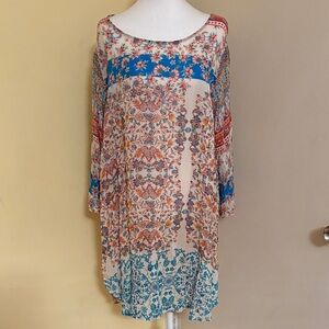 JOHNNY WAS TUNIC Top Blouse Floral Multicolor Scallop Hem 3/4 Sleeves Sz X1